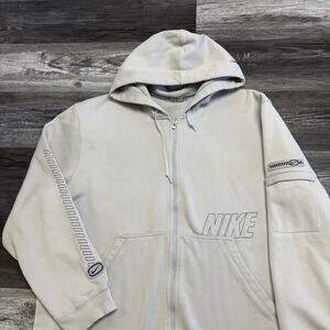 Vintage Y2K Nike White Mens XXL Full Zip Spell Out Swoosh‎ Sleeve Pocket Hoodie